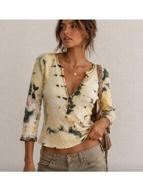 Tryst Y2K Tie Dye Thermal Top V Neck 3/4 Sleeve Boho Grunge Teen M